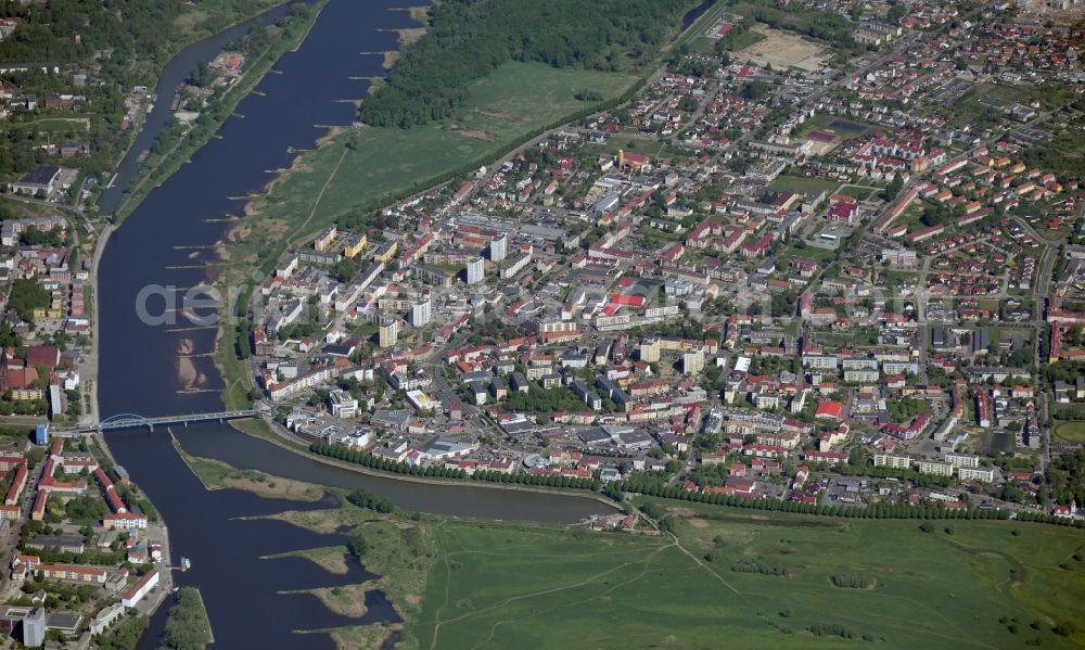 Aerial image Slubice - City view on the river bank of Oder in Slubice in lubuskie, Poland