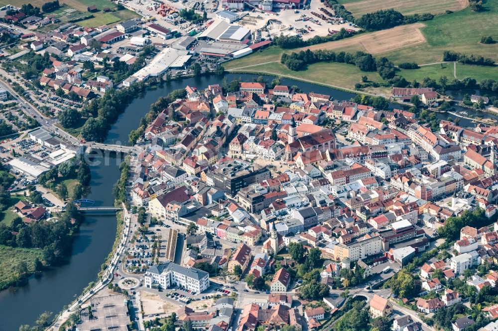 Cham from above - City view on the river bank Regen in Cham in the state Bavaria, Germany
