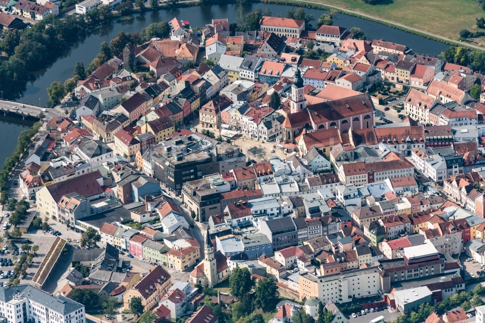 Aerial image Cham - City view on the river bank Regen in Cham in the state Bavaria, Germany