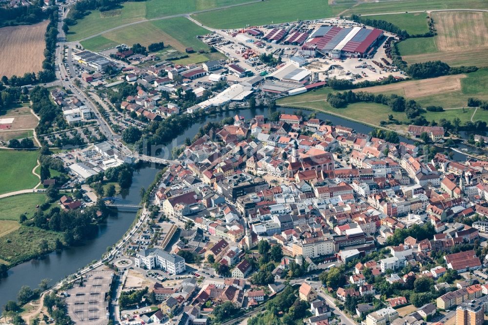 Aerial photograph Cham - City view on the river bank Regen in Cham in the state Bavaria, Germany