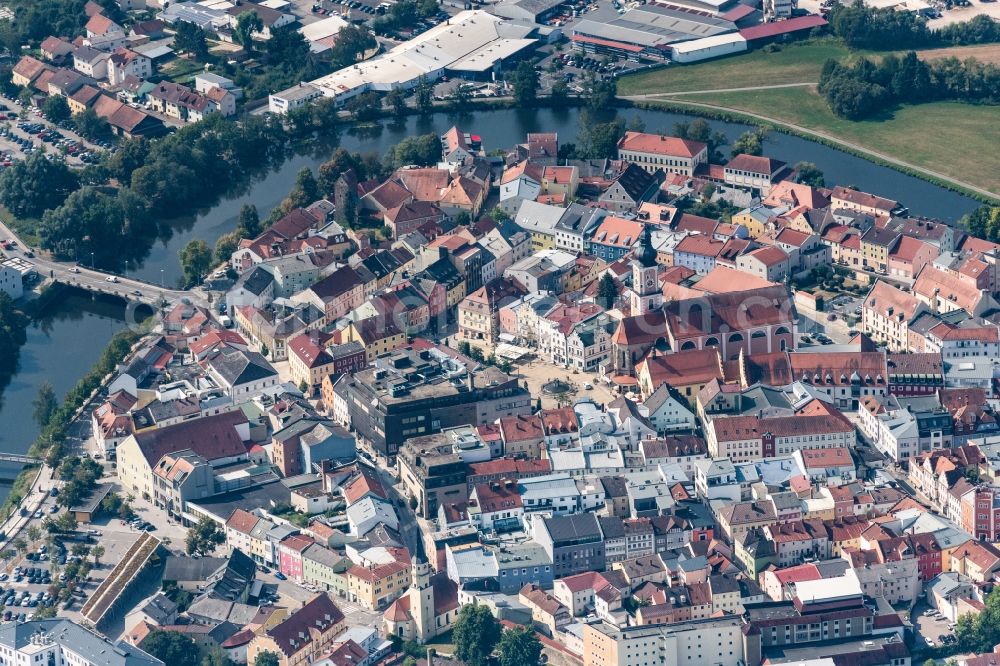 Cham from above - City view on the river bank Regen in Cham in the state Bavaria, Germany