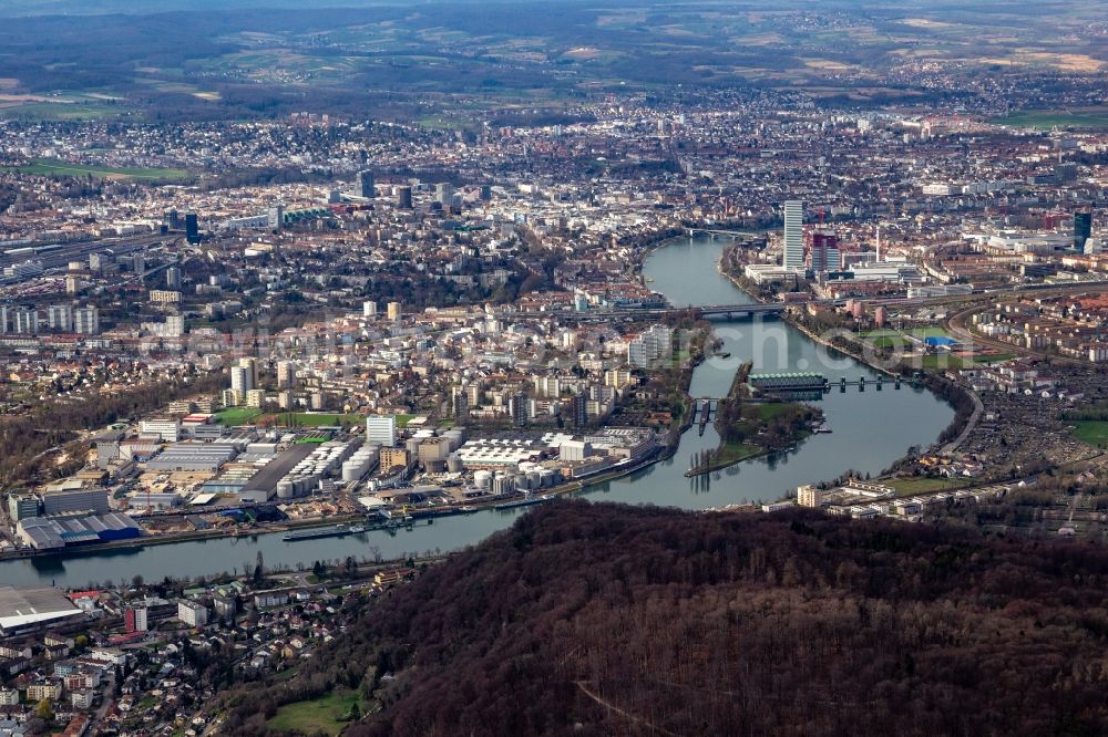 Birsfelden from above - City view on the river bank of the Rhine river in Birsfelden and Basel in the canton Basel-Landschaft, Switzerland