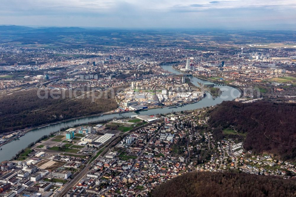 Birsfelden from the bird's eye view: City view on the river bank of the Rhine river in Birsfelden and Basel in the canton Basel-Landschaft, Switzerland