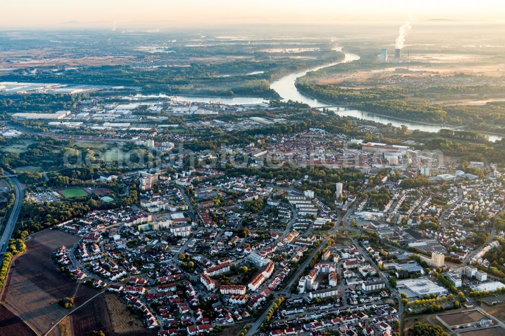 Germersheim from above - City view on the river bank of the Rhine river in Germersheim in the state Rhineland-Palatinate, Germany