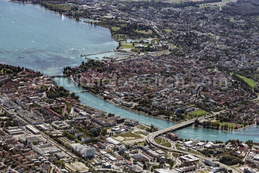 Konstanz from the bird's eye view: City view on the river bank of the Rhine river in Konstanz in the state Baden-Wuerttemberg, Germany