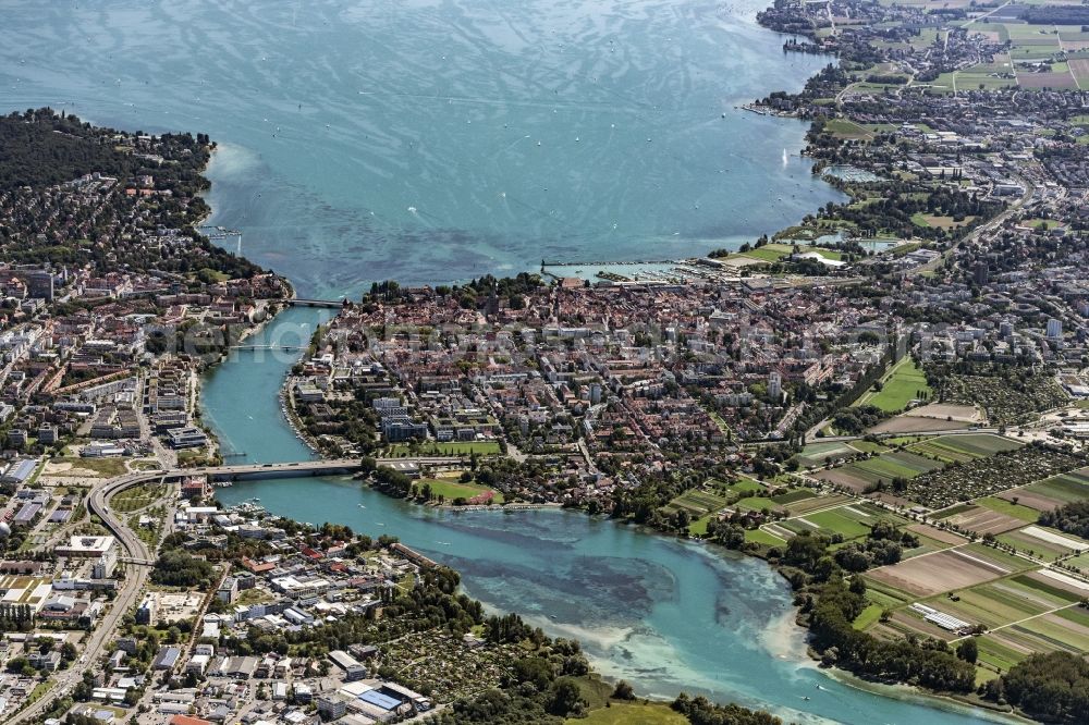 Konstanz from above - City view on the river bank of the Rhine river in Konstanz in the state Baden-Wuerttemberg, Germany