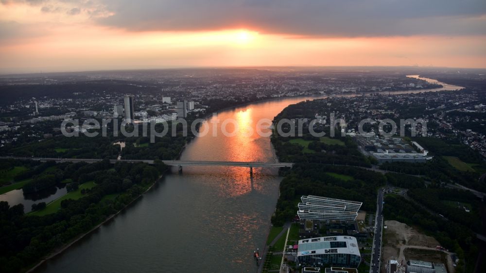 Bonn from the bird's eye view: Sunset City view on the river bank of the Rhine river in the district Gronau in Bonn in the state North Rhine-Westphalia, Germany