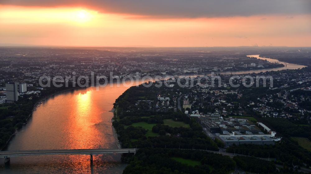 Aerial image Bonn - Sunset City view on the river bank of the Rhine river in the district Gronau in Bonn in the state North Rhine-Westphalia, Germany