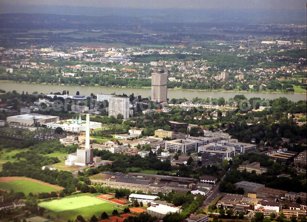 Bonn from above - City view on the river bank of the Rhine river in the district Gronau in Bonn in the state North Rhine-Westphalia, Germany
