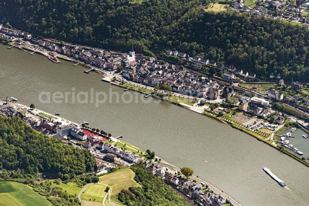 Sankt Goar from above - City view on the river bank of the Rhine river in Sankt Goar in the state Rhineland-Palatinate, Germany