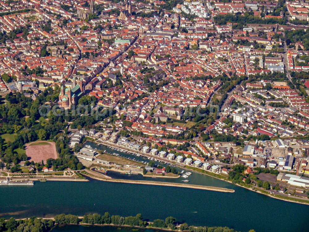 Speyer from above - City view on the river bank of the Rhine river in Speyer in the state Rhineland-Palatinate, Germany