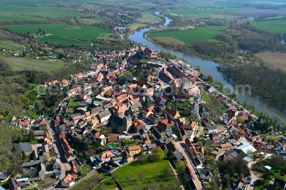 Wettin-Löbejün from above - City view on the river bank of Saale on street Burgstrasse in Wettin-Loebejuen in the state Saxony-Anhalt, Germany