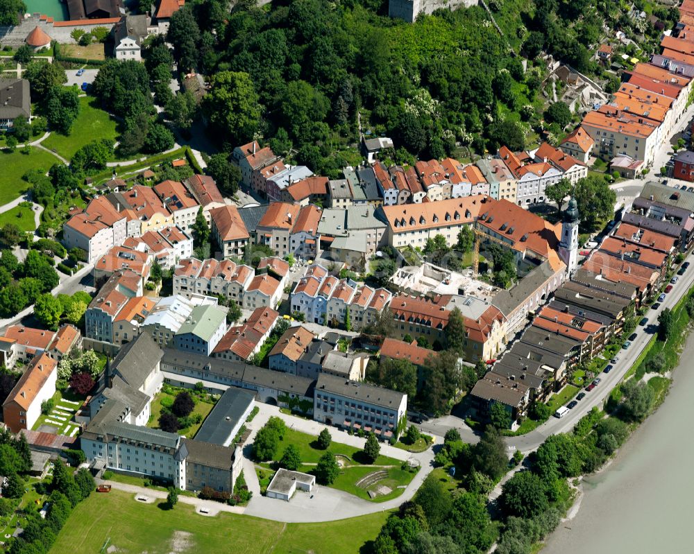 Burghausen from above - City view on the river bank of Salzach in Burghausen in the state Bavaria, Germany