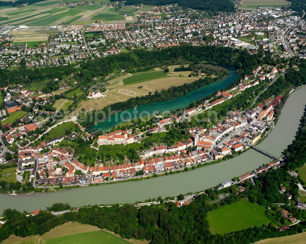 Burghausen from above - City view on the river bank of Salzach in Burghausen in the state Bavaria, Germany