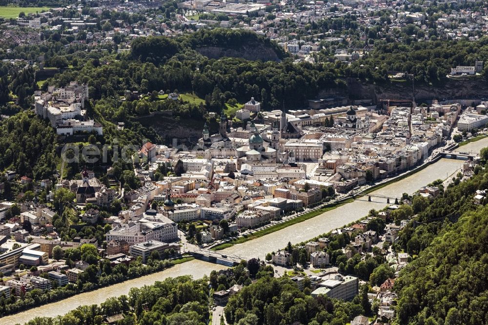 Salzburg from the bird's eye view: City view on the river bank of Salzach in Salzburg in Austria