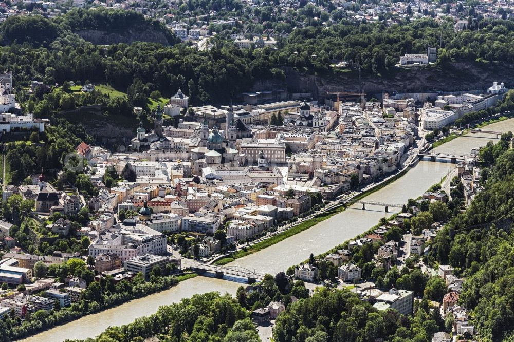 Aerial image Salzburg - City view on the river bank of Salzach in Salzburg in Austria