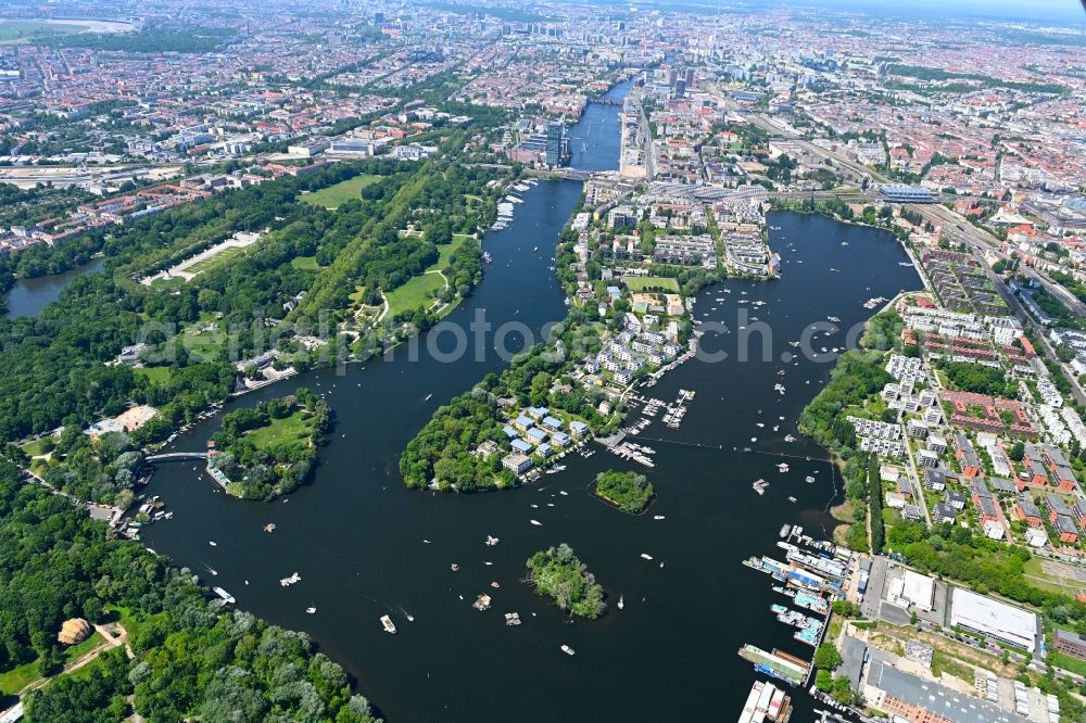 Berlin from above - City view on the river bank of Spree - island Stralau and lake Rummelsburger See in the district Friedrichshain in Berlin, Germany