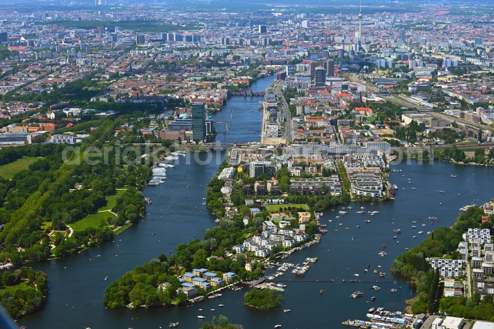 Berlin from above - City view on the river bank of Spree - island Stralau and lake Rummelsburger See in the district Friedrichshain in Berlin, Germany