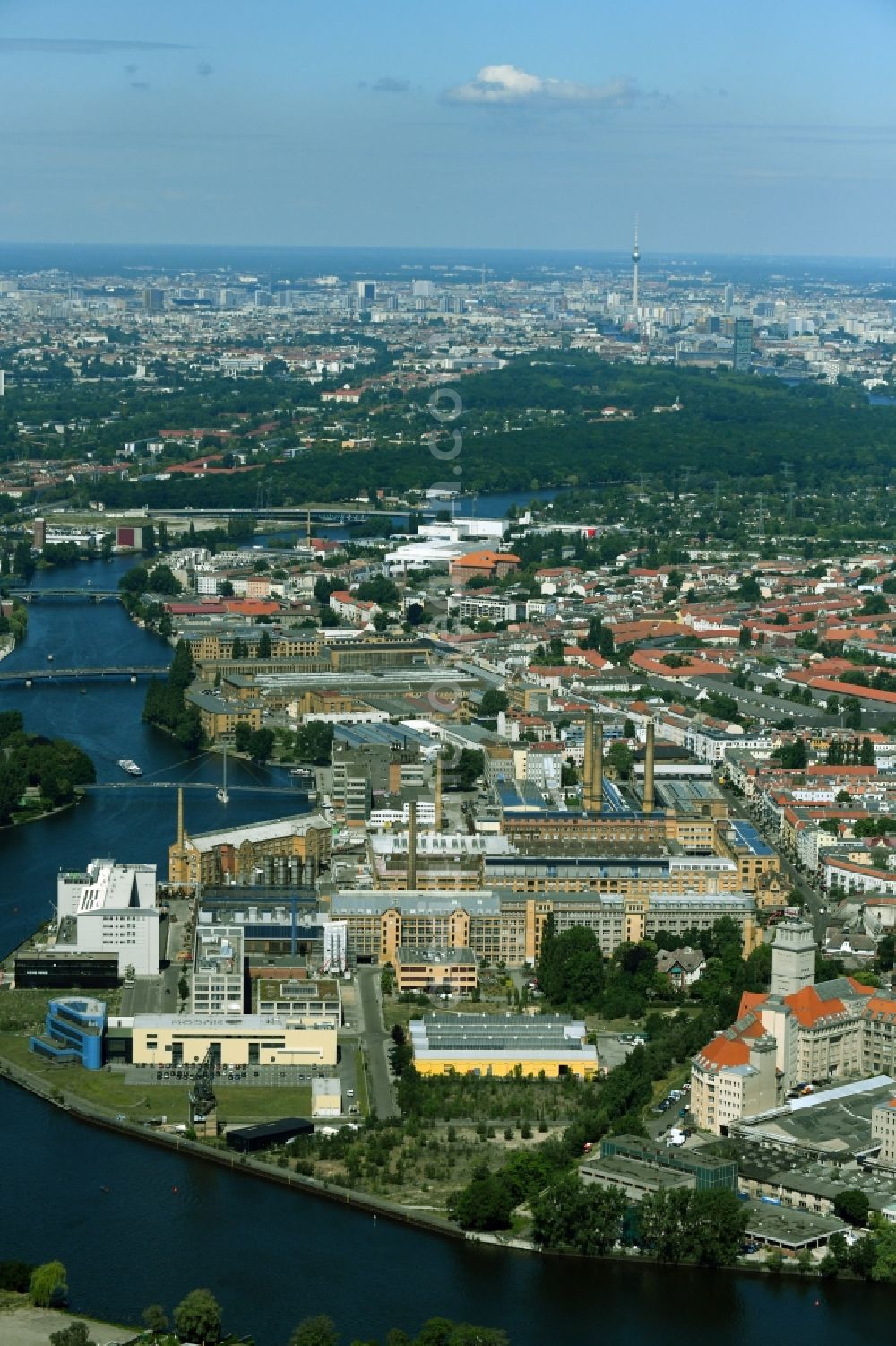 Berlin from above - City view on the river bank of Spree River in the district Oberschoeneweide in Berlin, Germany