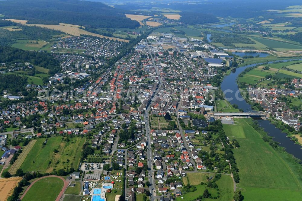 Aerial image Beverungen - City view on the river bank of the Weser river in Beverungen in the state North Rhine-Westphalia, Germany