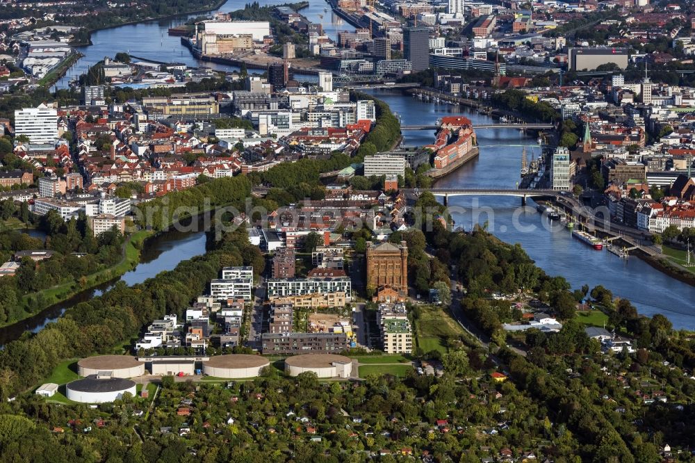 Bremen from the bird's eye view: City view on the river bank of the Weser river in Bremen, Germany