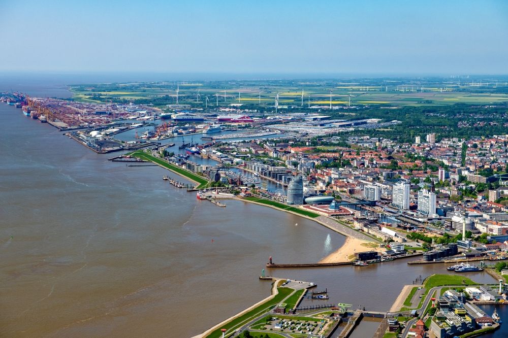 Bremerhaven from above - City view on the river bank of the Weser river in Bremerhaven in the state Bremen, Germany