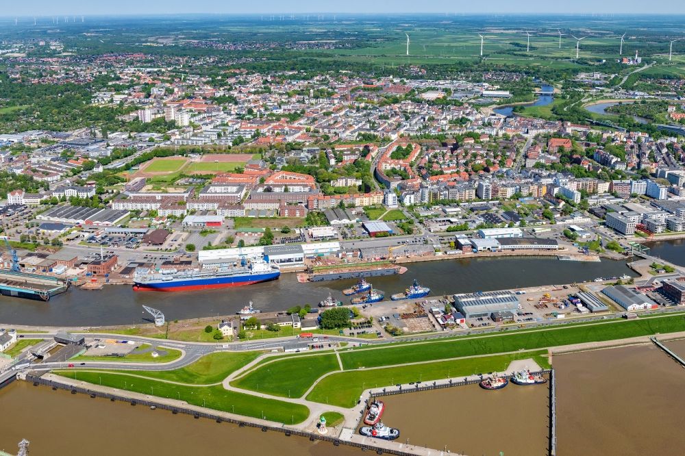 Bremerhaven from above - City view on the river bank of the Weser river in Bremerhaven in the state Bremen, Germany