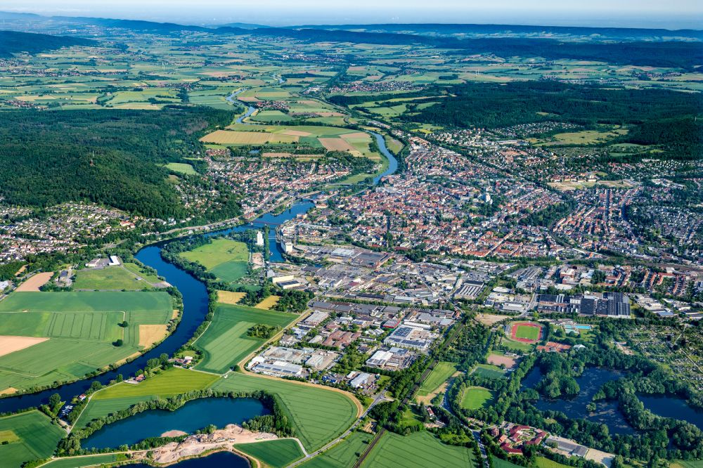 Hameln from above - City view on the river bank of the Weser river in Hameln in the state Lower Saxony, Germany