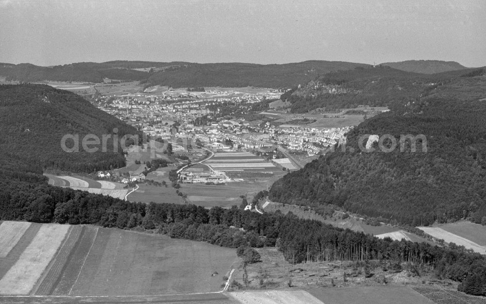 Albstadt from the bird's eye view: City view of the inner city area in the valley surrounded by mountains in the district Ebingen in Albstadt in the state Baden-Wuerttemberg, Germany