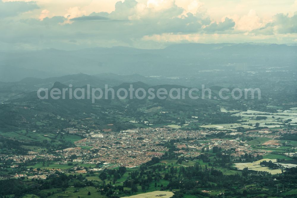 La Ceja from above - City view of the inner city area in the valley surrounded by mountains in La Ceja in Antioquia, Colombia