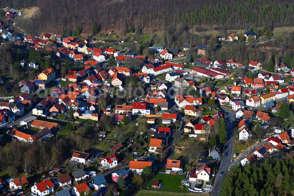 Martinroda from the bird's eye view: City view of the inner city area in the valley surrounded by mountains in Martinroda in the state Thuringia, Germany