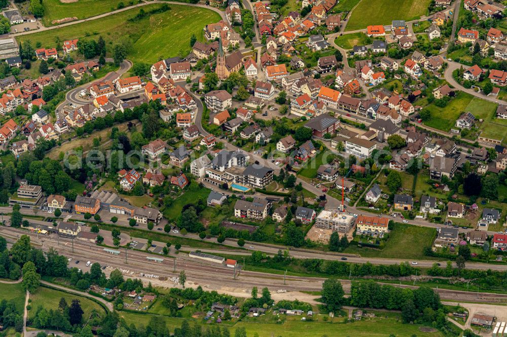 Aerial image Baiersbronn - City view of the inner city area in the valley surrounded by mountains of Murgtal in Baiersbronn at Schwarzwald in the state Baden-Wuerttemberg, Germany