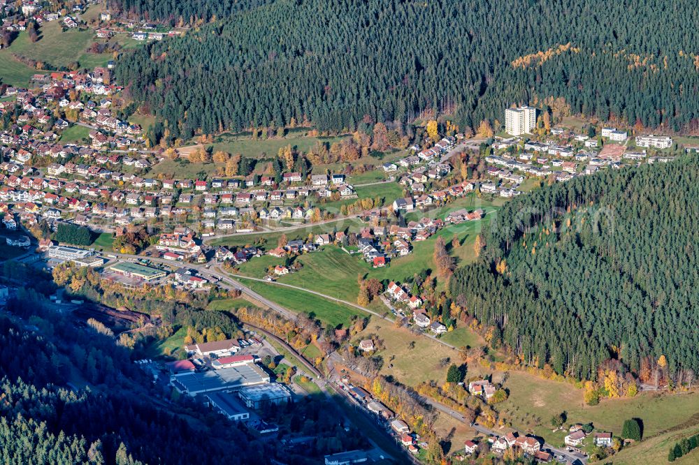 Baiersbronn from above - City view of the inner city area in the valley surrounded by mountains of Murgtal in Baiersbronn at Schwarzwald in the state Baden-Wuerttemberg, Germany