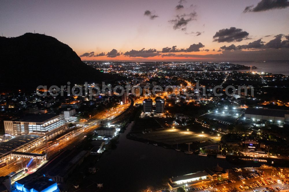 Port Louis from the bird's eye view: City view of the inner city area in the valley surrounded by mountains Port Louis in Port Louis in Port Louis District, Mauritius