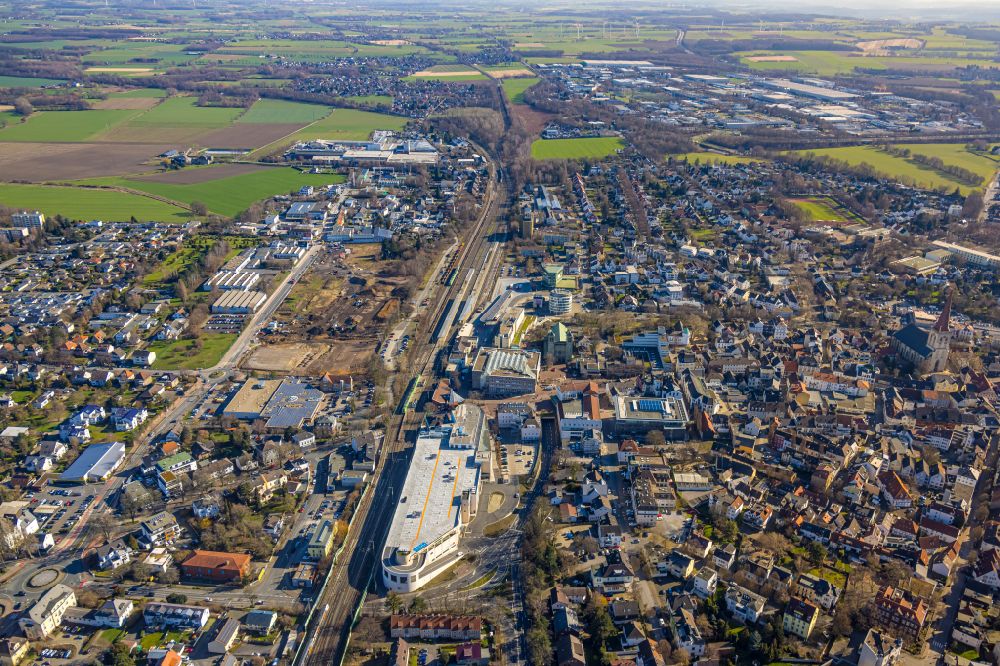 Aerial photograph Unna - City view in the urban area with the train station in Unna in the Ruhr area in the state North Rhine-Westphalia, Germany