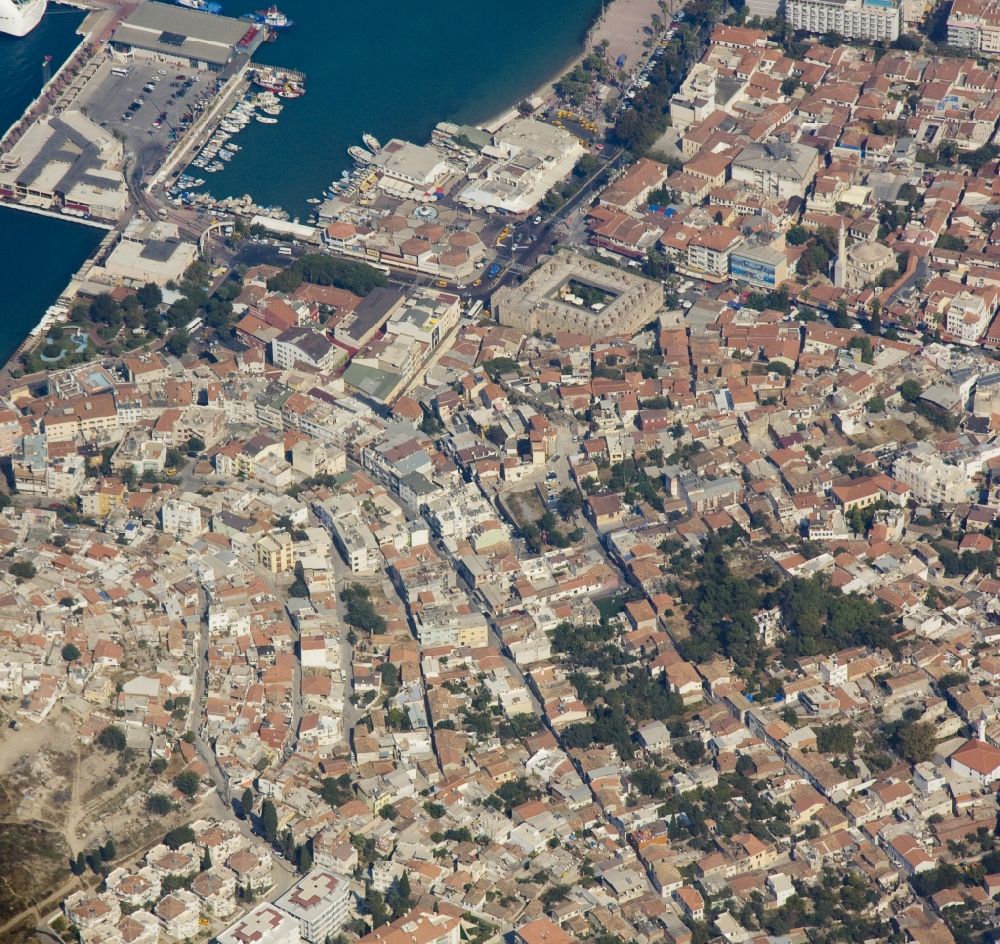 Aerial photograph Kusadasi - City view from the center of Kusadasi a district town on Turkey's Aegean coast in the province of Ayd?n. Kusadasi is now a popular destination for local and foreign tourists. It has next to a large marina and a port for cargo and cruise ships