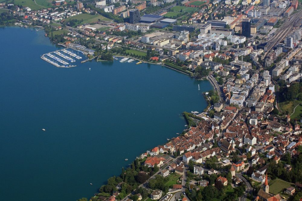 Zug from the bird's eye view: The city Zug in Switzerland at Lake Zug in central Switzerland is known as a business-friendly locations with low tax burden