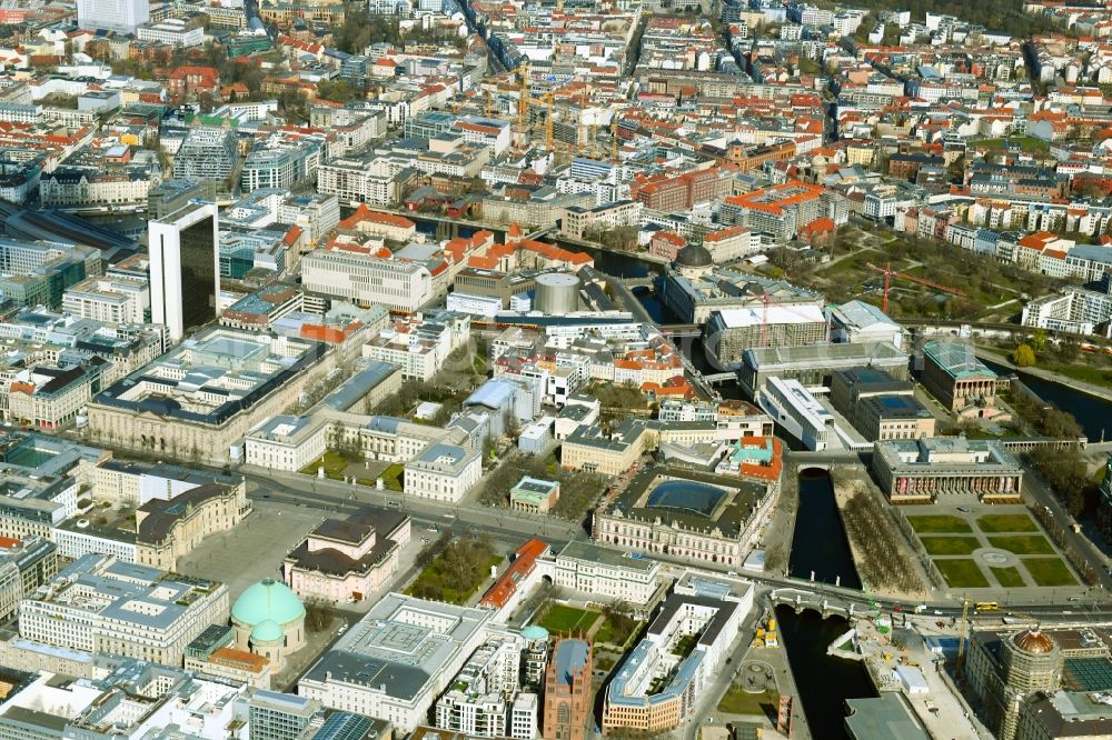 Aerial image Berlin - Downtown area with a view of Bebelplatz, Kupfergraben, Lustgarten, Musumsinsel and boulevard Unter den Linden in the Mitte district in Berlin, Germany