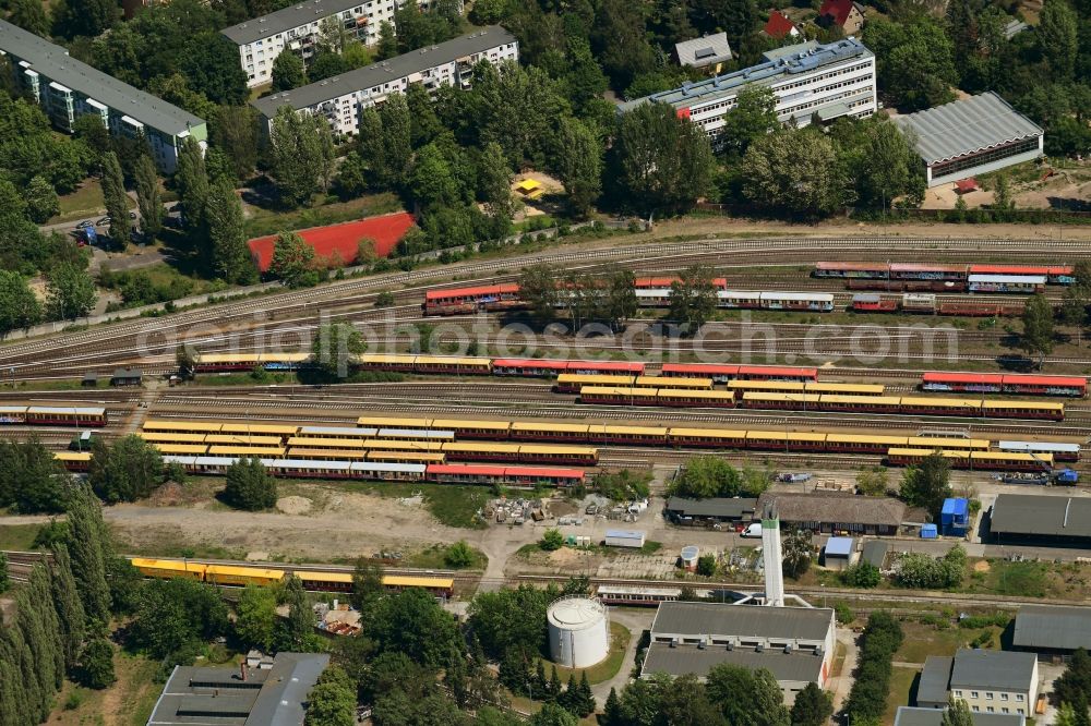 Berlin from above - S-Bahn railway station and sidings of Bahnbetriebswerk in the district Niederschoeneweide in Berlin, Germany