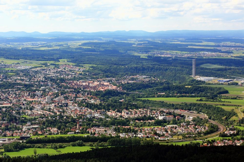 Aerial image Rottweil - City area of Rottweil and new construction of the ThyssenKrupp Elevator Testing Tower in Rottweil in Baden - Wuerttemberg