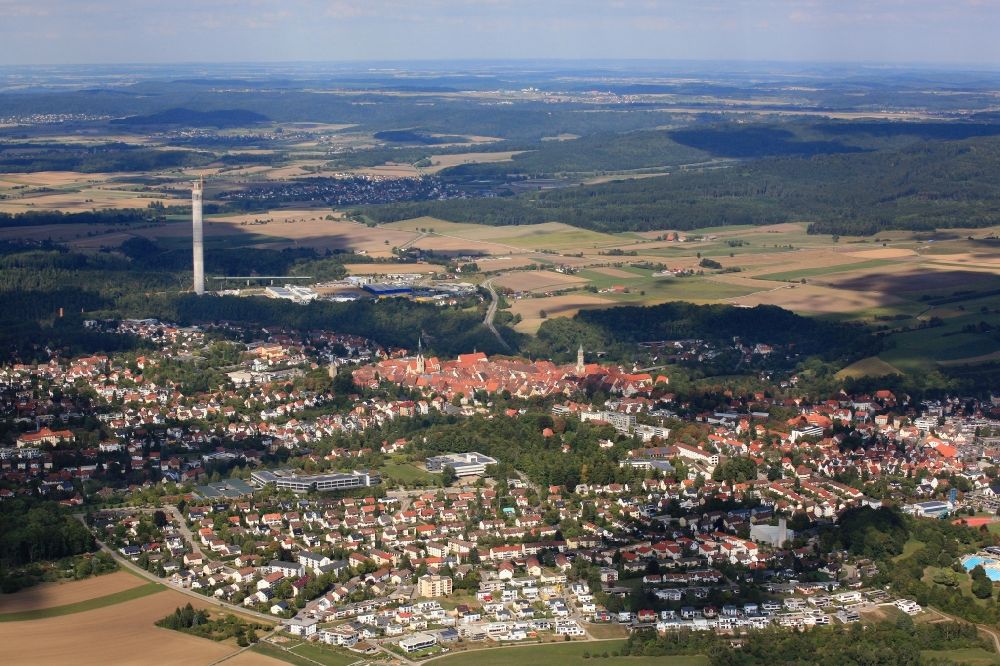 Aerial photograph Rottweil - City area and historic old town of Rottweil with the new construction of the ThyssenKrupp Elevator Testing Tower in Rottweil in Baden - Wuerttemberg