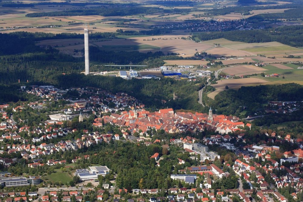 Rottweil from above - City area and historic old town of Rottweil with the new construction of the ThyssenKrupp Elevator Testing Tower in Rottweil in Baden - Wuerttemberg