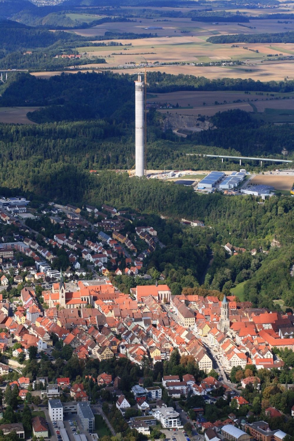 Aerial image Rottweil - City area and historic old town of Rottweil with the new construction of the ThyssenKrupp Elevator Testing Tower in Rottweil in Baden - Wuerttemberg