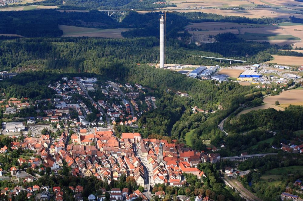 Aerial photograph Rottweil - City area and historic old town of Rottweil with the new construction of the ThyssenKrupp Elevator Testing Tower in Rottweil in Baden - Wuerttemberg