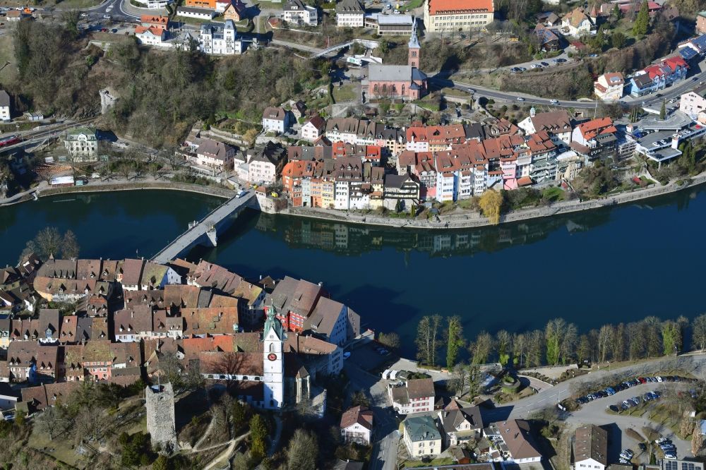 Laufenburg from the bird's eye view: City areas of the both cities of Laufenburg at the river Rhine in the canton Aargau, Switzerland and in Germany, Baden-Wuerttemberg