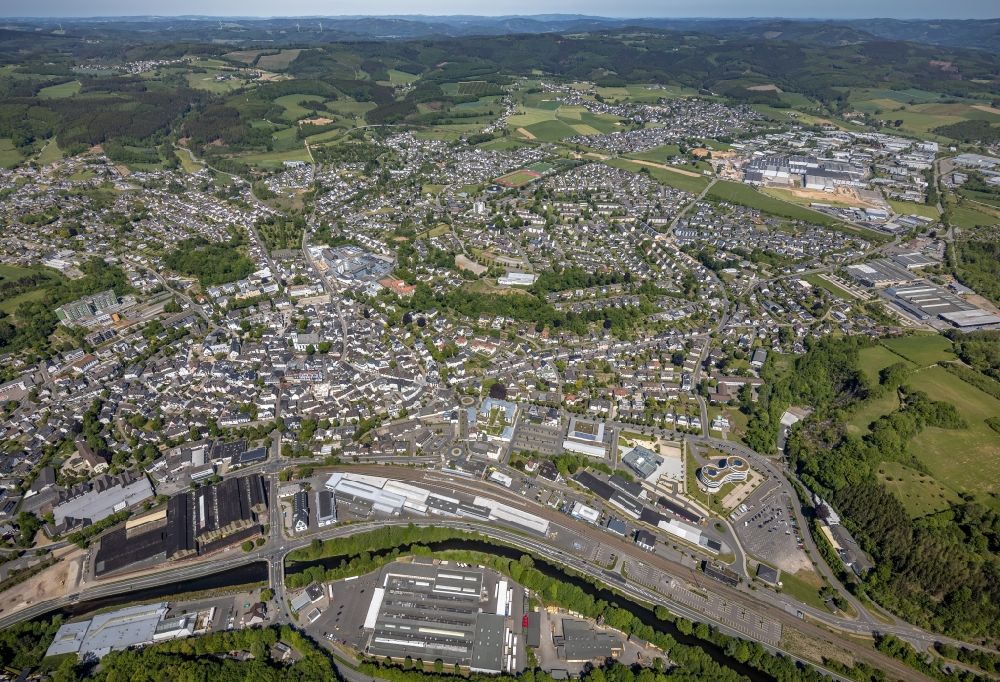 Aerial image Attendorn - General overview and urban area with outskirts and inner city area in Attendorn in the state North Rhine-Westphalia, Germany
