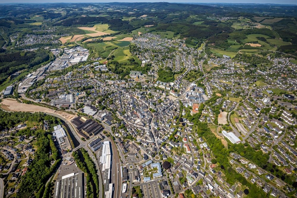 Aerial photograph Attendorn - General overview and urban area with outskirts and inner city area in Attendorn in the state North Rhine-Westphalia, Germany
