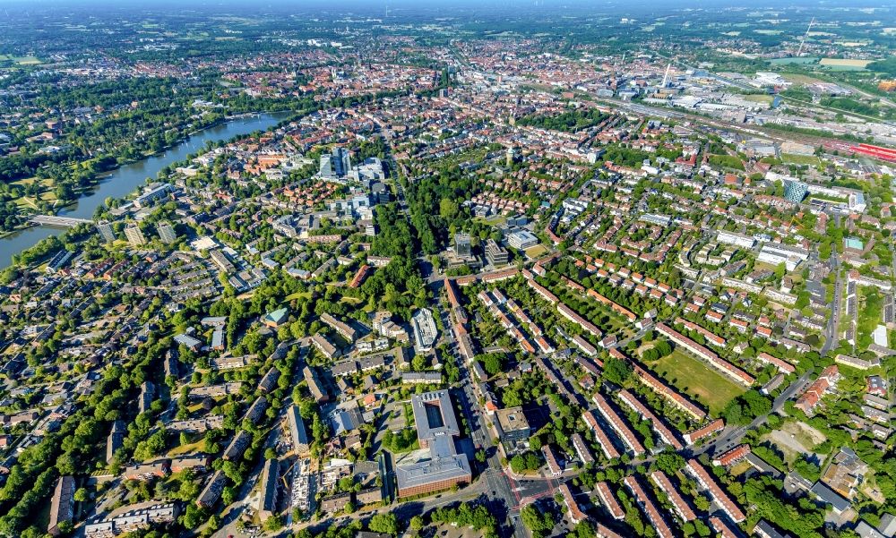 Aerial image Münster - General overview and urban area with outskirts and inner city area in Muenster in the state North Rhine-Westphalia, Germany