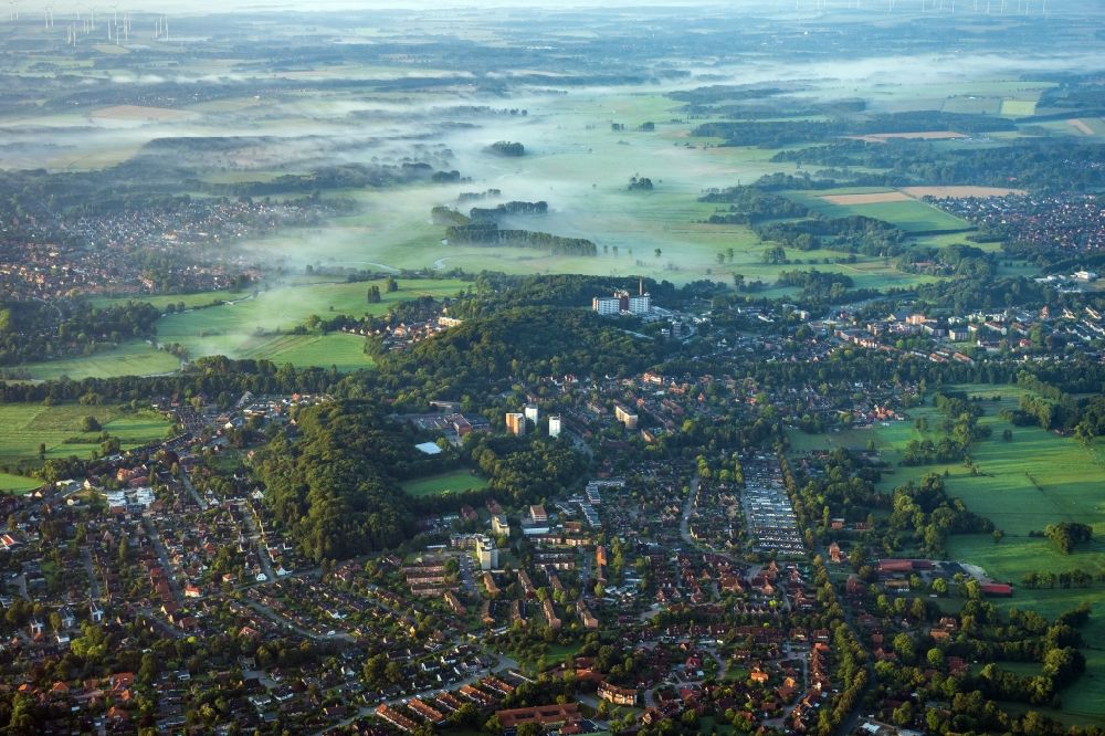 Aerial image Stade - City area Hohenwedel with a view of the Schwinge meadows in the morning haze in Stade in the state Lower Saxony, Germany