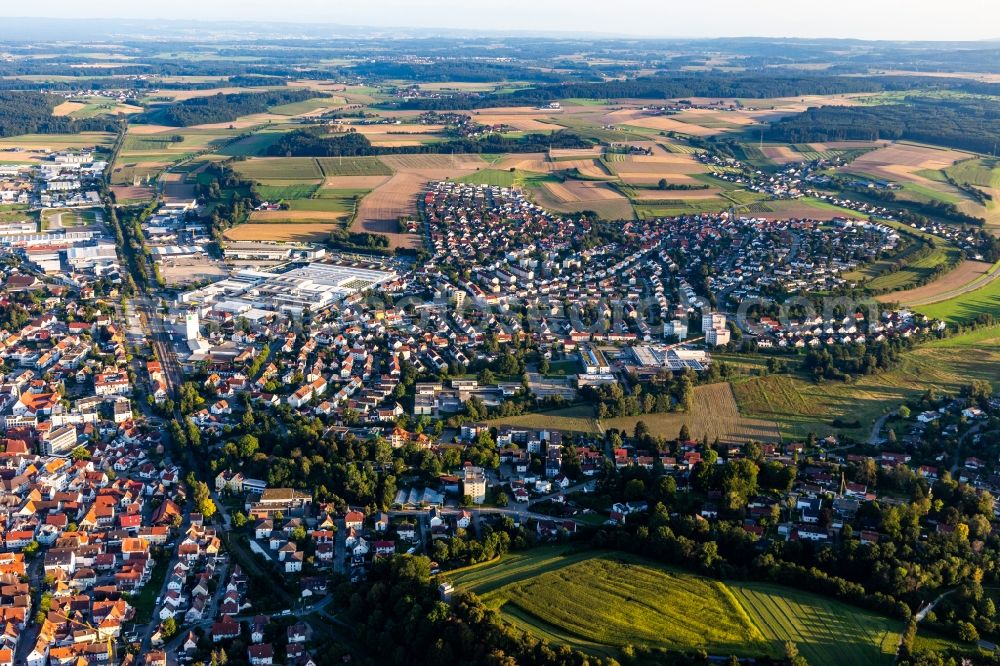 Aerial image Bad Saulgau - Urban area with outskirts and inner city area on the edge of agricultural fields and arable land in Bad Saulgau in the state Baden-Wuerttemberg, Germany